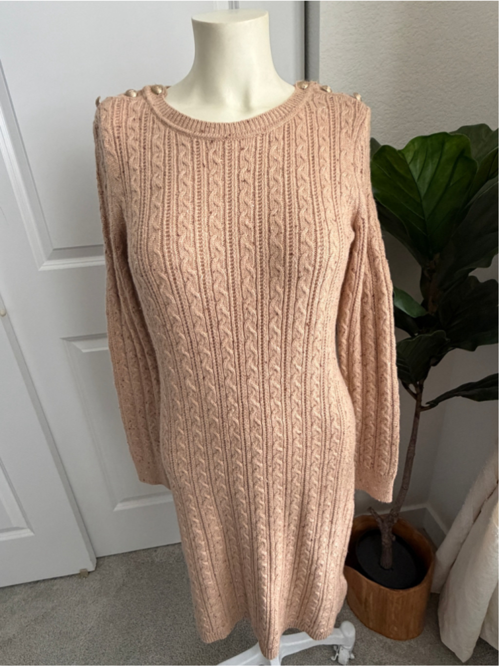 Women's Talbots Cable Knit Long Sleeve Sweater Dress Beige Size S NWT